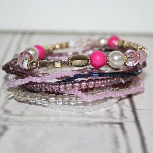 Pretty pink mixed beaded bracelet set 7" Nwot
